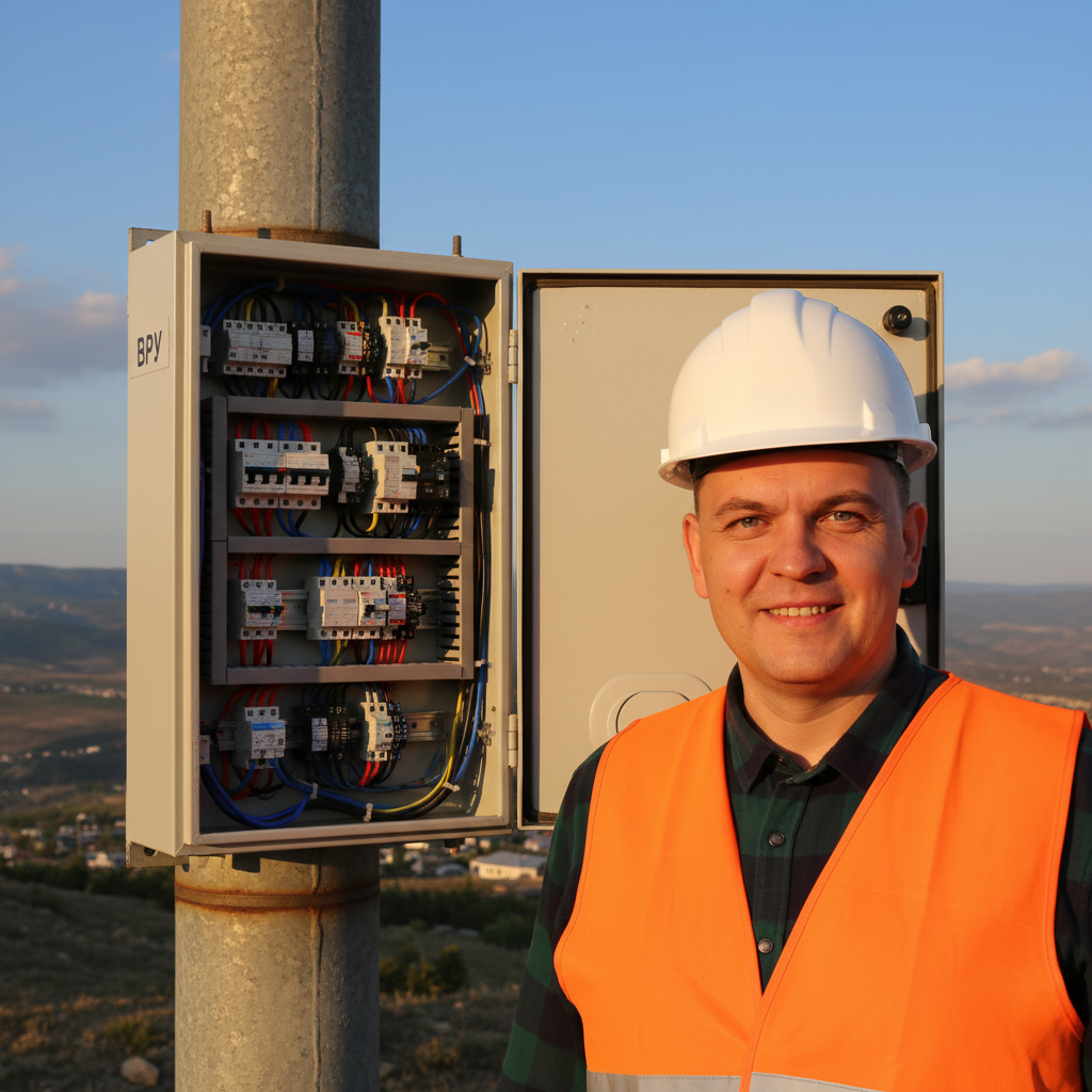 Электрик КрымЭнергоСервис у трубостойки